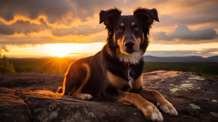Dog resting on a rock on top of the mountain,AI generated