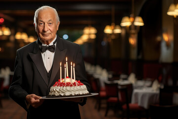 Elderly waiter man in uniform with cake in a classic interior.