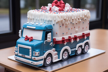 Cake truck loaded with a huge multi-colored birthday cake. Delivery.