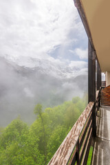 View from hotel balcony in the Swiss Alps. Fantastic mountain view. Jungfrau Region.