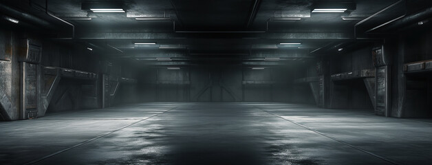 Dark underground warehouse, empty concrete garage with gray walls. ai generative - obrazy, fototapety, plakaty