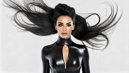 Attractive woman dressed in a black latex bodysuit, posing