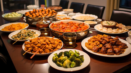 Home cooked meal banquet for family during Chinese New Year. ai generative