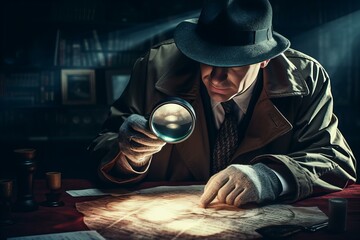 Detective watching fingerprint through magnifying glass, Generative Ai - obrazy, fototapety, plakaty