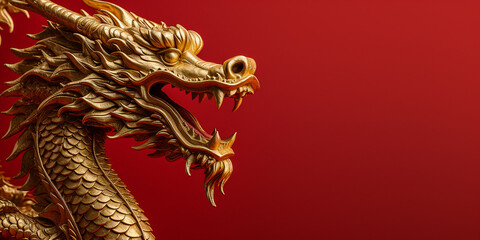 Fototapeta premium golden dragon on red background, copy space. ai generative