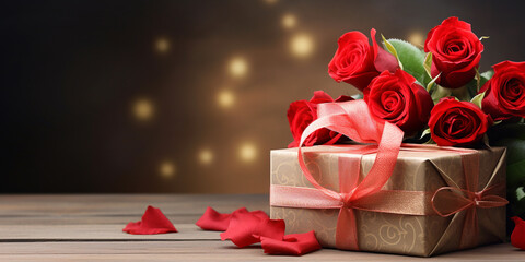 gift box with red bow and rose flower, copy space. ai generative