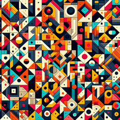 Abstract geometric pattern texture with colorful geometric shapes like triangles, squares, and circles arranged in a creative, abstract manner