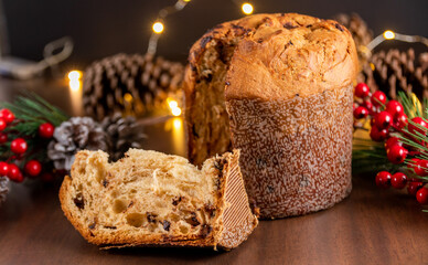 Traditional Christmas panettone (Chocottone) on wooden table.