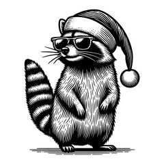 cool raccoon wearing sunglasses and Christmas hat vector sketch - obrazy, fototapety, plakaty
