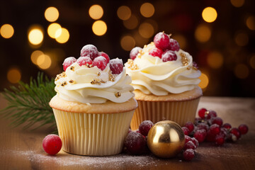 sweet cake with berries on a beautiful christmas background