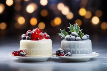 sweet cake with berries on a beautiful christmas background