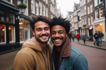 Fototapeta premium Portrait of happy gay male couple in the city street