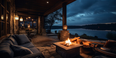 cozy back porch with fire pit and calm lake view - obrazy, fototapety, plakaty