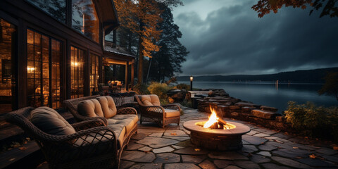 cozy back porch with fire pit and calm lake view - obrazy, fototapety, plakaty