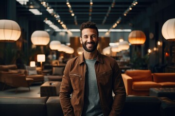 Smiling portrait of salesman in furniture store - obrazy, fototapety, plakaty