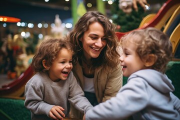 Naklejka premium Portrait of happy mother and children at indoor playground