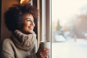 Woman drinking warm drink in house looking out window - obrazy, fototapety, plakaty