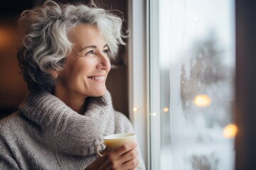 Woman drinking warm drink in house looking out window - obrazy, fototapety, plakaty