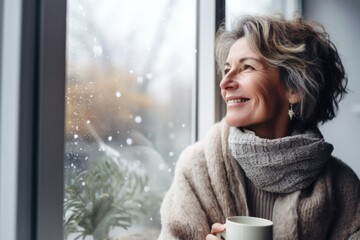 Woman drinking warm drink in house looking out window