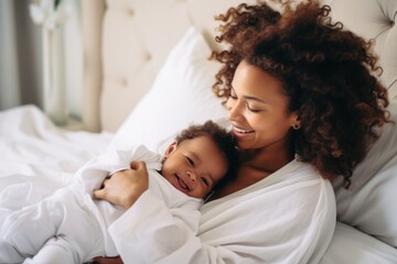 Happy mother and newborn baby embracing in bed