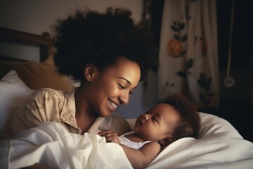 Happy mother and newborn baby embracing in bed