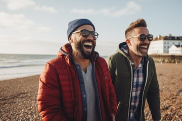 Fototapeta premium Smiling male gay couple walking on the beach