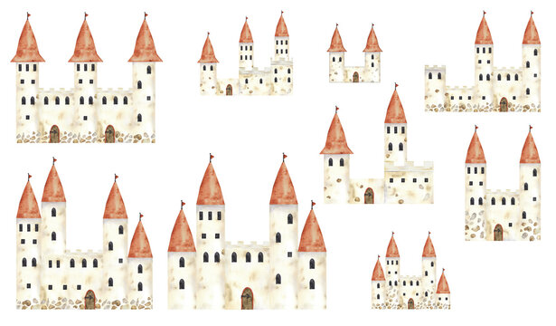 Set of medieval childish castle watercolor hand drawn illustration. Paint drawing fairy tail antique building with towers, flags, windows and gate isolated. Illustration on isolated white background.