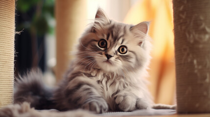 Cute funny fluffy striped little kitty next to a scraper