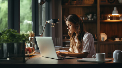 a woman at home working on her laptop