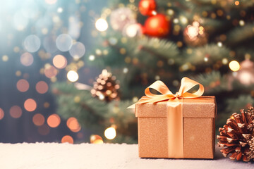 Gift boxe on blurred background with christmas tree and bokeh