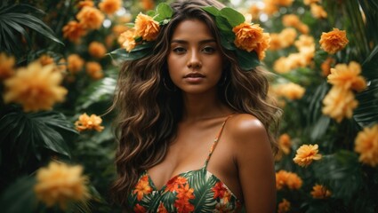 Naklejka premium Girl in a dress in a flower garden