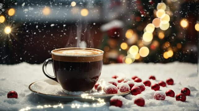 Hot cup of coffee with Christmas decorations