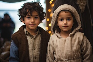 A charming sibling portrait in traditional dress, radiating joy and togetherness in a rural setting.