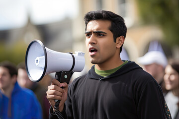A man with a megaphone leads a diverse crowd in a street protest. - obrazy, fototapety, plakaty