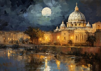 Fototapeta premium saint peter basilica night city view in style of illustration wall art poster