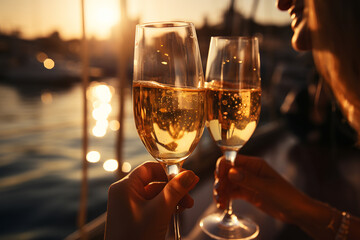 Two young women with glasses of champagne at sunset on the yacht. ia generative - obrazy, fototapety, plakaty
