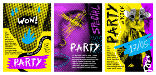 A set of grunge punk posters for parties, events, exhibitions. Halftone, retro collage. Template, design - obrazy, fototapety, plakaty
