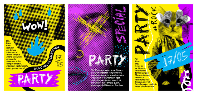 A set of grunge punk posters for parties, events, exhibitions. Halftone, retro collage. Template, design