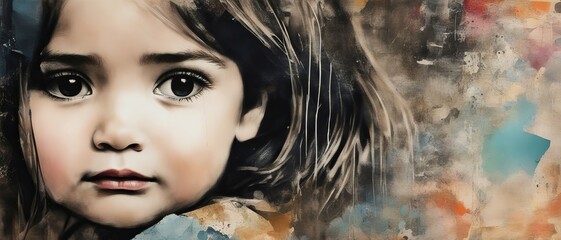 Abstract painted portrait of a little girl on the background of a paint wall