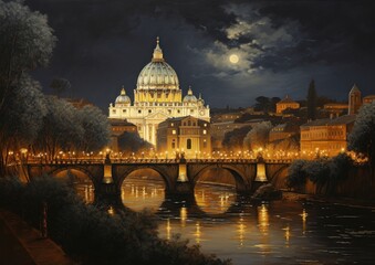 Fototapeta premium saint peter basilica night city view in style of illustration wall art poster