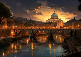 Fototapeta premium saint peter basilica night city view in style of illustration wall art poster