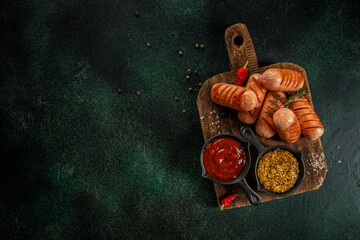 Grilled sausages with sauces on a wooden board, top view. copy space