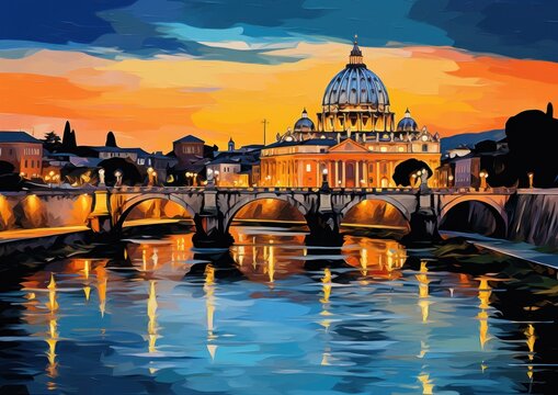 saint peter basilica night city view in style of illustration wall art poster