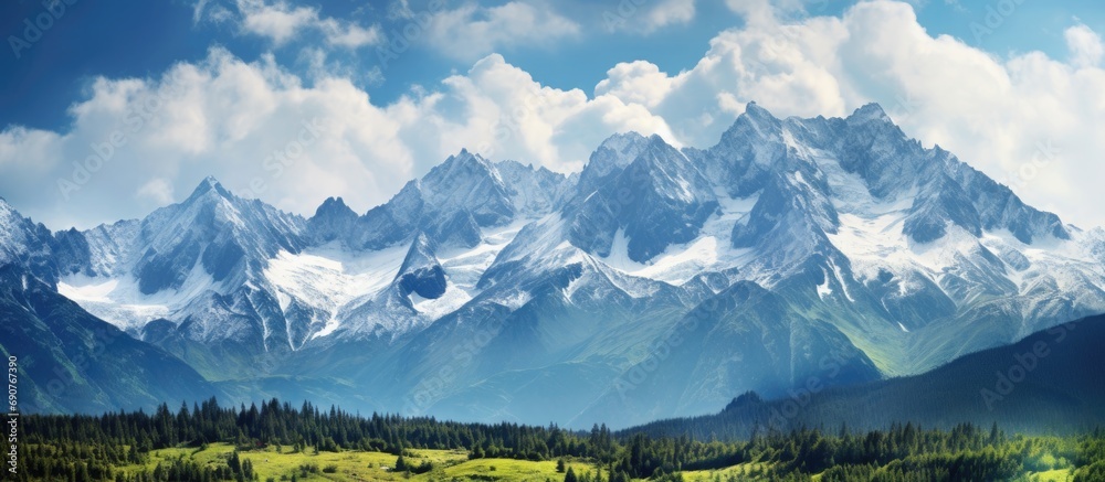 Aufkleber View of mountain peaks in spring time in High Tatras. Copyspace image. Header for website template