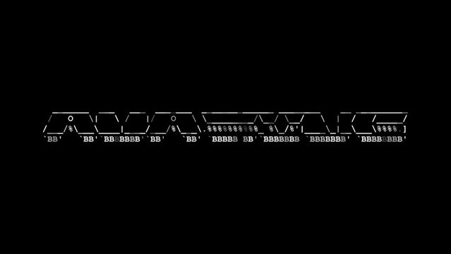 Amazing ascii word animation loop on black background. Ascii code art symbols typewriter in and out effect with looped motion.