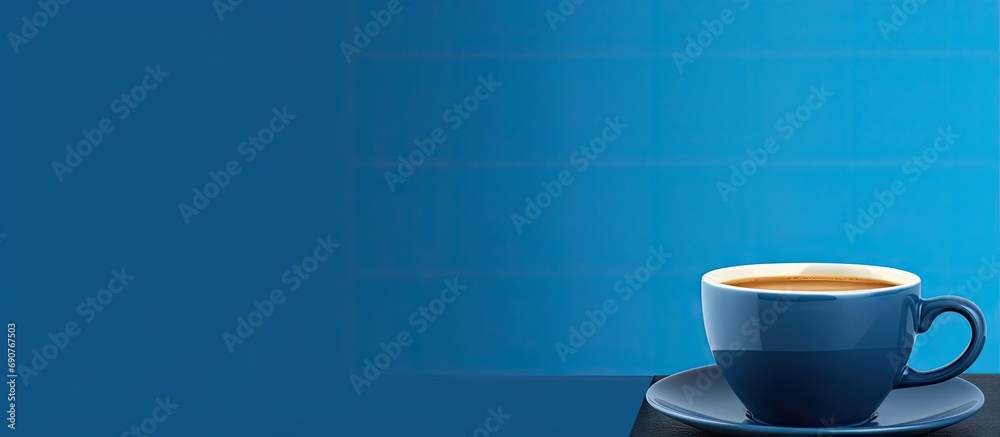 Aufkleber yellow cup with aromatic coffee on a blue background. copyspace image. header for website template