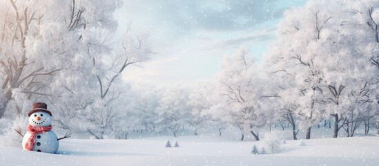 snowman at a greek forest snowy day winter park. Copyspace image. Header for website template