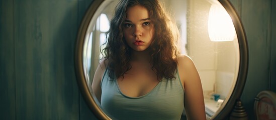 Young female looking in mirror with disgust ashamed of fat body obesity issue. Copyspace image. Header for website template