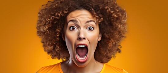 Young brunette woman with curly hair football hooligan holding ball in shock face looking skeptical and sarcastic surprised with open mouth. Copyspace image. Header for website template - obrazy, fototapety, plakaty