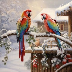 parrots in the yard in the snow, ai generator